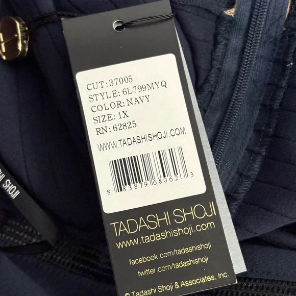 Tadashi Shoji Too Navy Blue Dress 1X Plus Size‎ Pleated Mesh Trim Party Formal